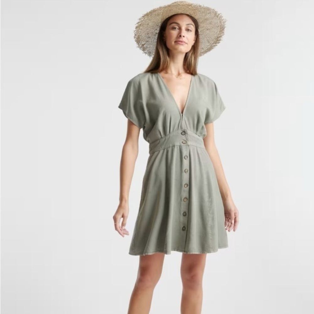 Quince Vintage Wash Tencel Button Front Mini V-Neck Dress vacation minimalist